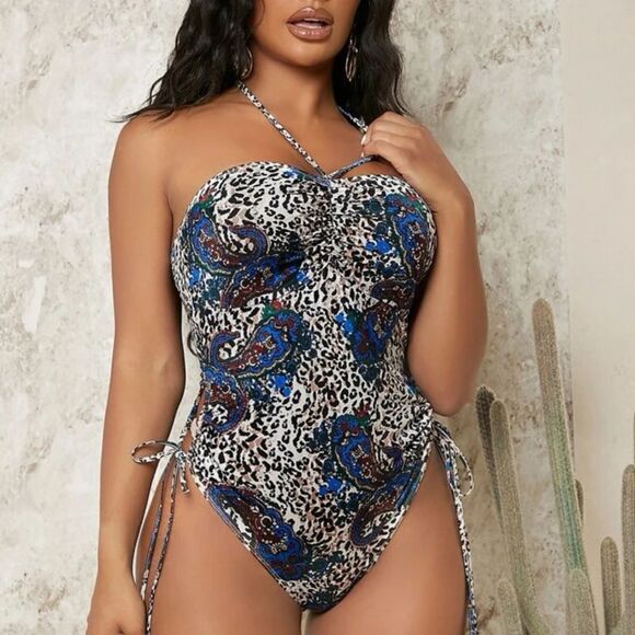 Mob Wife Y2K Paisley Leopard Open Sides Cut Out Tassel Tie Swim Bodysuit - Picture 1 of 14
